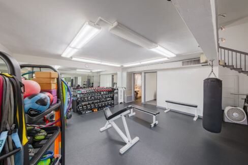 Move Your Mountain gym with dumb-bell rack and punching bag.