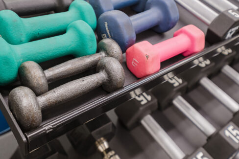 Move Your Mountain different colors dumb-bells on a rack.