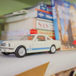 Move Your Mountain a white model car on a shelve.