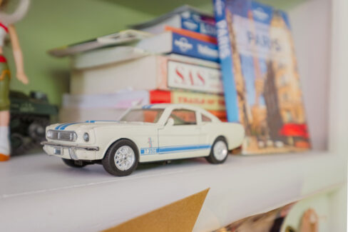 Move Your Mountain a white model car on a shelve.